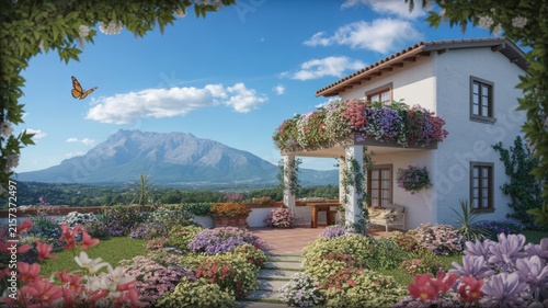 Beautiful White Villa With Lush Colorful Flower Garden Overlooking Mountain Scenery