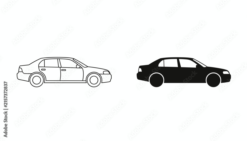 Fototapeta premium Flat vector comparison of a modern sedan car shown as a simple black line outline and a solid dark silhouette on a white background.