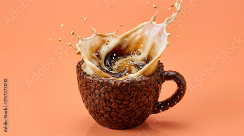 Coffee splashing into cup textured with coffee beans.