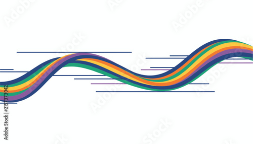 Colorful wavy abstract line art ribbon with blue orange green stripes flying across on a white background.