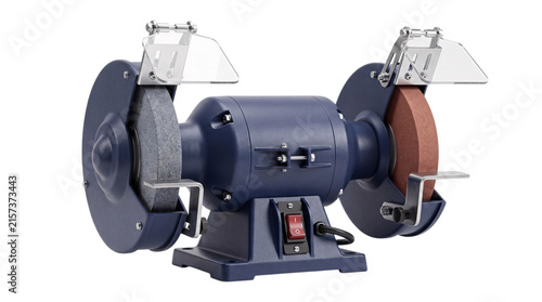 Obraz na płótnie Blue electric bench grinder with two grinding wheels and safety guards isolated