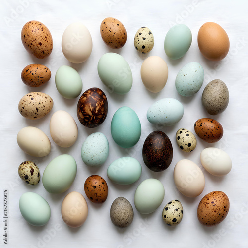 Collection of multicolored bird eggs on white.