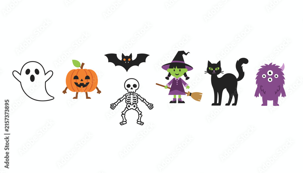 Obraz premium Seven cute Halloween characters including a ghost, pumpkin, bat, skeleton, green witch, black cat, and monster.