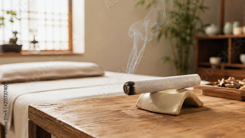 Moxa stick resting on a ceramic holder in a serene traditional wellness clinic with warm natural light and a calm atmosphere

