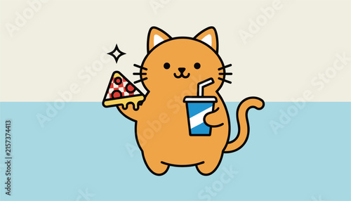 Adorable orange cat character holding a slice of delicious pizza and a blue soda cup with a straw on a divided background.