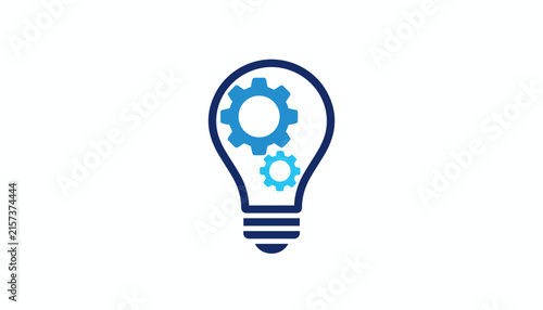 Innovation concept showing a light bulb outline with two blue gear wheels inside, representing technical ideas and progress.