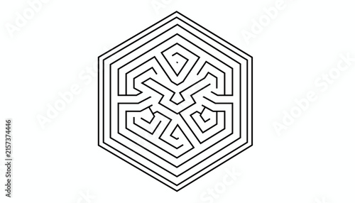 Hexagonal maze with intricate black lines forming a complex geometric puzzle and labyrinth pattern on a clean white background.