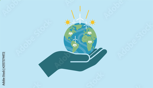 Sustainable energy concept featuring a blue hand holding the planet Earth decorated with wind turbines and solar panels.
