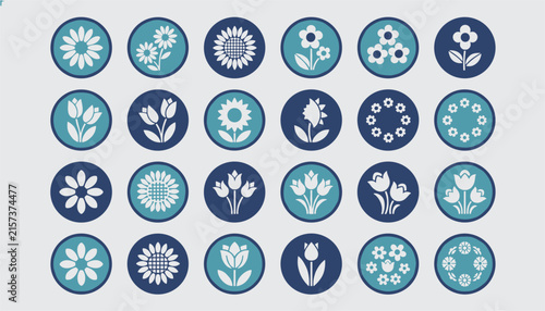 Collection of twenty-four round floral icons in shades of blue and white, depicting sunflowers, tulips, and daisies.
