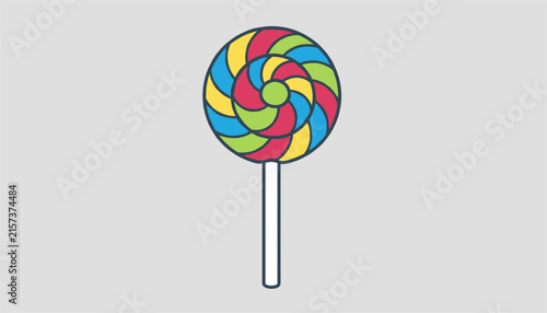 Delicious colorful spiral lollipop with bright stripes of red, blue, green, and yellow, isolated on a gray background.