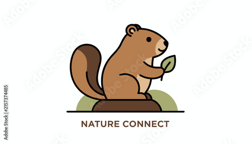 Nature connect concept featuring a cute cartoon squirrel holding a green leaf while sitting on a log on white.