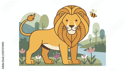 Stylized vector illustration of a friendly male lion standing in a forest landscape near a small flying bumblebee.