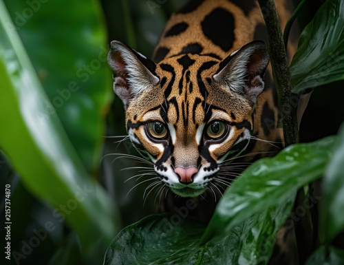 Close up portrait of an ocelot peering through leaves.