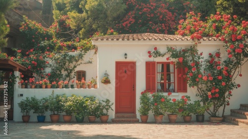 Charming White House with Red Door and Bougainvillea Flowers in Mediterranean Garden