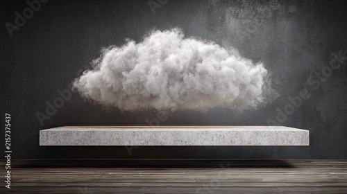 Cloud floating over concrete block in dark room.