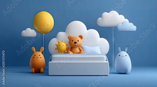 Cloud-shaped headboard with stuffed animals and balloon.