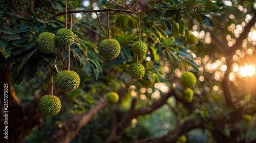 Cluster of green jackfruit growing on tree branches.