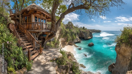 Coastal wooden treehouse overlooking tropical turquoise ocean bay.