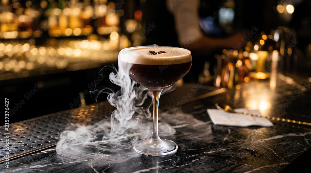 Fototapeta premium Espresso martini cocktail with smoke on dark bar counter.