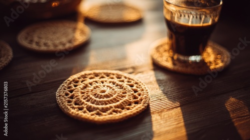 Coffee glass and crochet coasters on sunlit wooden table.