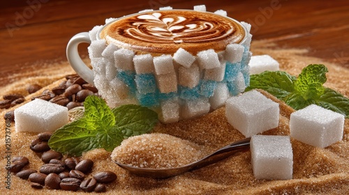 Coffee cup surrounded by sugar cubes and mint.