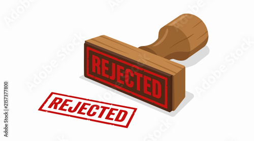 Isometric Red Rejected Rubber Stamp with Wooden Handle and Red Ink Mark on a White Background for Business Use