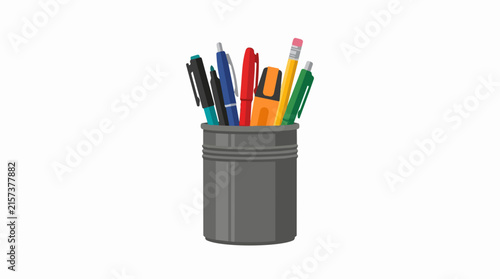 Professional Office Stationery Set with Colorful Pens Pencils and Highlighter inside a Gray Desk Organizer Cup Graphic