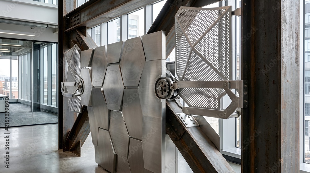 Naklejka premium Modern Metal Sculpture Installation with Geometric Patterns in Office Interior