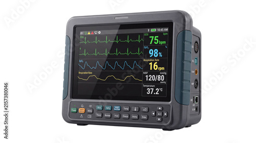 Portable medical patient monitor displaying vital signs and waveforms isolated on png transparent background