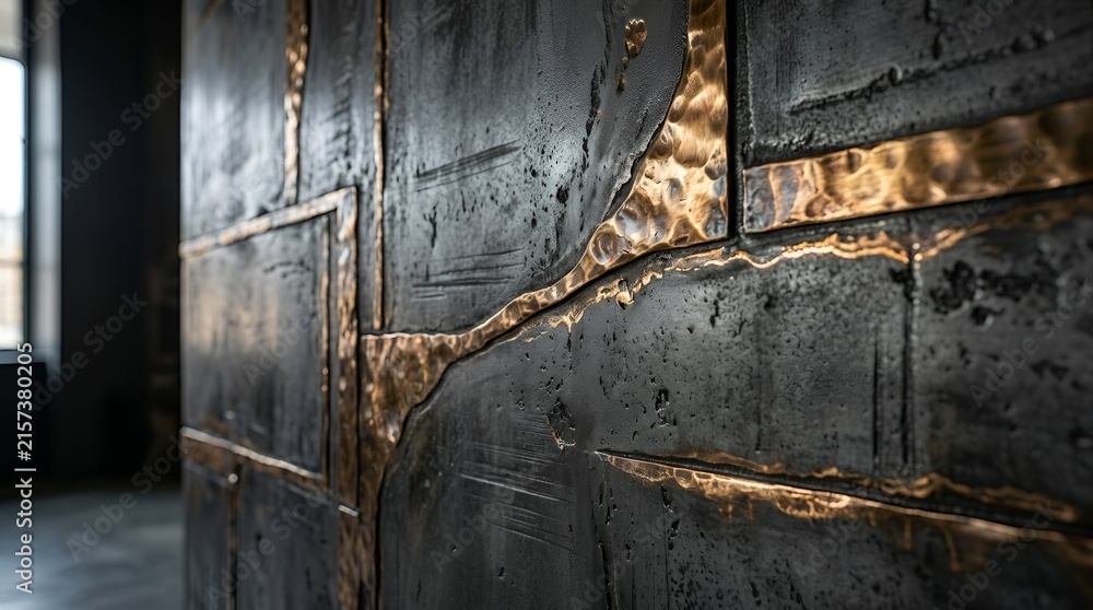 Naklejka premium Textured dark metal wall panels with brushed gold inlays, industrial interior design.