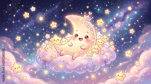 Cute Smiling Crescent Moon with Crown and Happy Stars on Fluffy Cloud