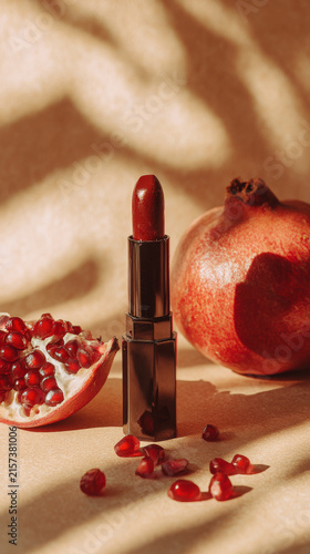 Red lipstick with pomegranate seeds and fruit on beige surface with soft shadows creating warm and natural beauty vibe
