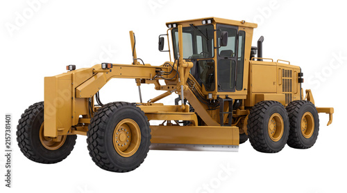Cuadro en lienzo Yellow heavy duty motor grader construction vehicle with large tires and blade i