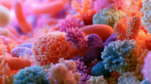 Extreme Macro 3D Illustration of Diverse Gut Microbiome Flora and Bacteria