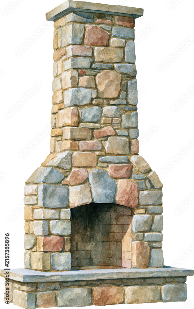 Fototapeta premium A freestanding rustic natural stone fireplace chimney isolated on transparent background.