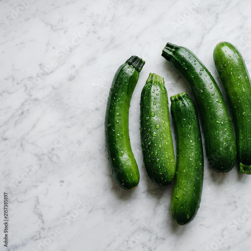 Group of fresh green zucchinis on white marble background.