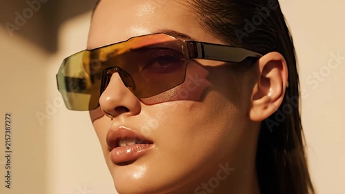 Woman wearing iridescent futuristic wraparound sunglasses.