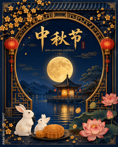 Mid-Autumn Festival Celebration Poster Featuring a Bright Full Moon, Two Rabbits, Lanterns, Flowers and Traditional Chinese Decorative Elements