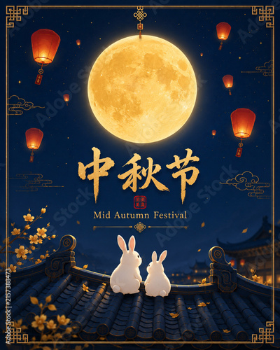Mid-Autumn Festival Greeting Poster Featuring Two Rabbits, Glowing Lanterns, Golden Full Moon and Elegant Traditional Chinese Decorations