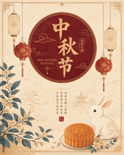 Elegant Mid-Autumn Festival Greeting Design Featuring a Golden Full Moon, Traditional Mooncake and Delicate Botanical Illustration on a Cream Background