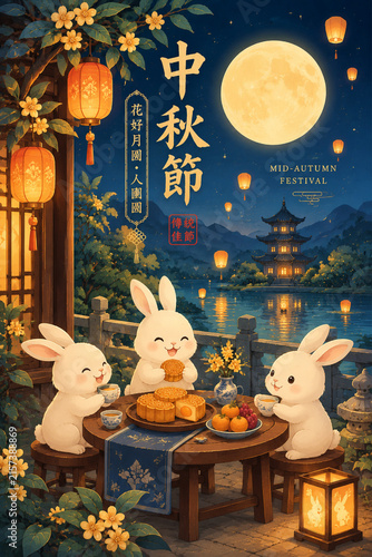 Mid-Autumn Festival Night Celebration Featuring a White Rabbit, Glowing Lanterns, Crescent Moon and Traditional Chinese Night Landscape