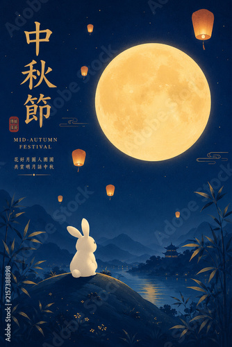 Mid-Autumn Festival Greeting Poster Featuring a White Rabbit Sitting Beneath a Large Golden Full Moon on a Deep Blue Background