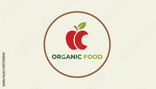 Green and red apple logo badge representing organic food on an off-white background with a circular brown frame.