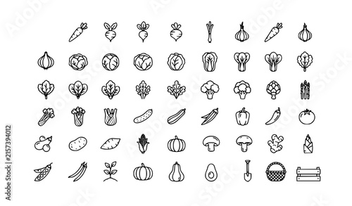 Garden Harvest Organic Vegetables Editable Outline Vector Icon Set