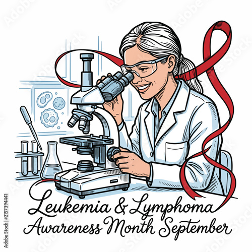 Female scientist in lab coat examines blood sample under microscope for leukemia research during awareness month