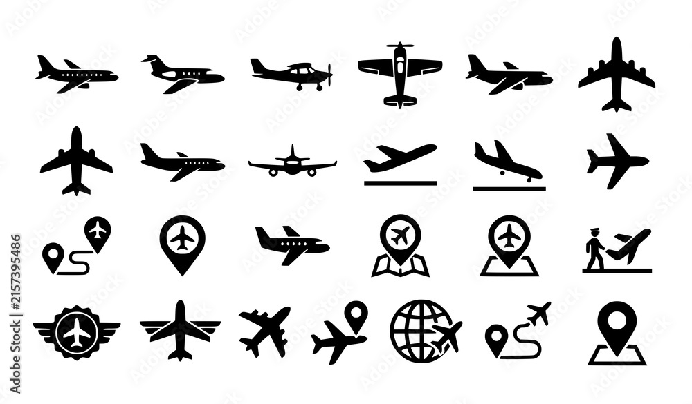 Fototapeta premium Aviation Airplane Flight Travel Airport Transport and Map Pointer Glyph Vector Set