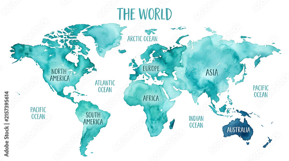 Naklejka premium Watercolor World Map: An artistic watercolor depiction of the world map, featuring continents and oceans in soothing shades of blue and green. Perfect for educational and travel-themed projects.