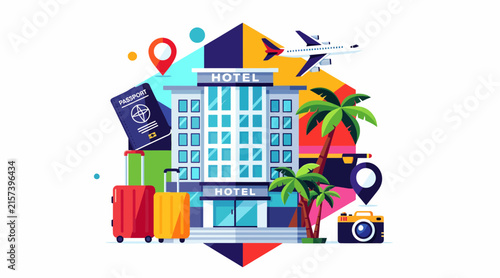 Modern Hotel Building with Travel Icons: Suitcases, Passport, Airplane, Palm Trees, Camera, Location Pins