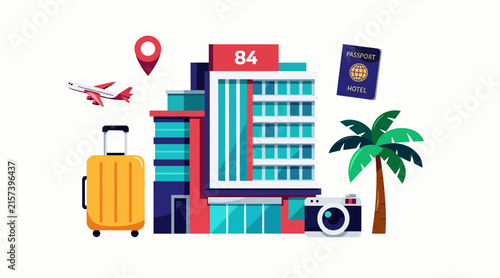 Modern Hotel Building, Travel Essentials and Tropical Palm Tree - Flat Design Vector Illustration