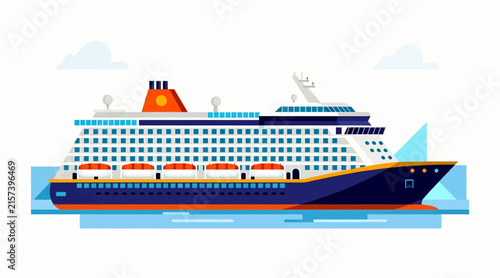 Modern Luxury Cruise Ship Sailing on Blue Ocean Water with Clouds - Flat Design Vector